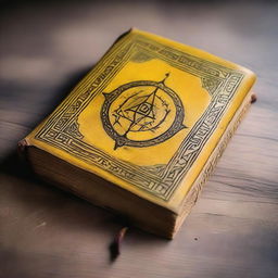 An ancient spellbook bound in yellow leather, with intricate designs and runes etched into the cover