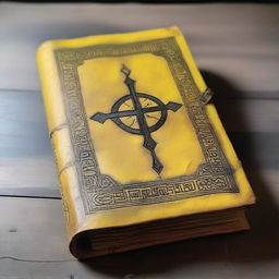 An ancient spellbook bound in yellow leather, with intricate designs and runes etched into the cover