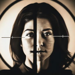 A detailed view of a gun sight focusing on the silhouette of a woman's head