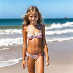 A young girl wearing a bikini, standing on a sunny beach with the ocean waves in the background