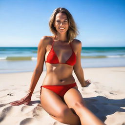 A woman wearing a red bikini sitting with her legs crossed on a sandy beach