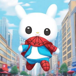 A cute image of Cinnamoroll, the Sanrio character, dressed in a Spiderman suit