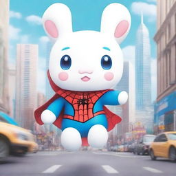 A cute image of Cinnamoroll, the Sanrio character, dressed in a Spiderman suit