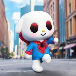 A cute image of Cinnamoroll, the Sanrio character, dressed in a Spiderman suit