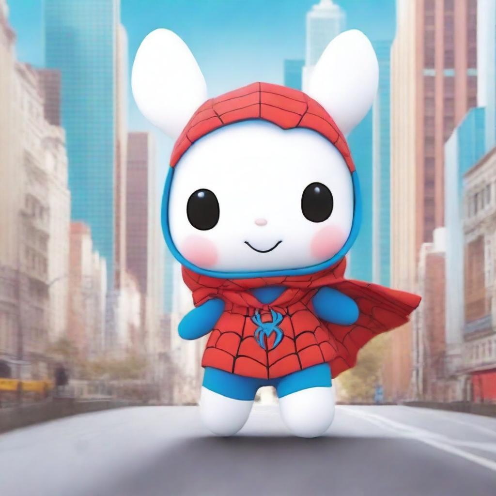 A cute image of Cinnamoroll, the Sanrio character, dressed in a Spiderman suit