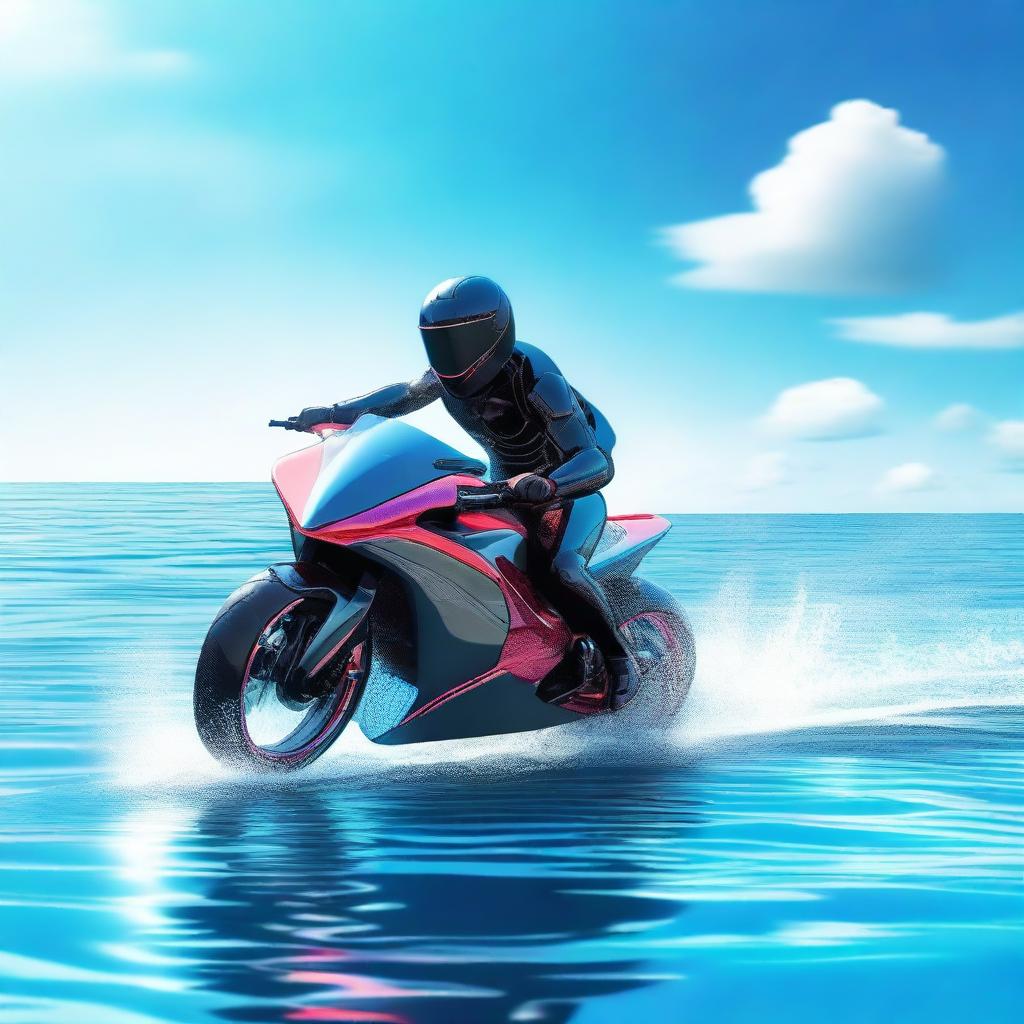 A futuristic water motorbike speeding across a crystal-clear ocean