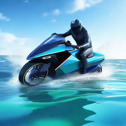 A futuristic water motorbike speeding across a crystal-clear ocean