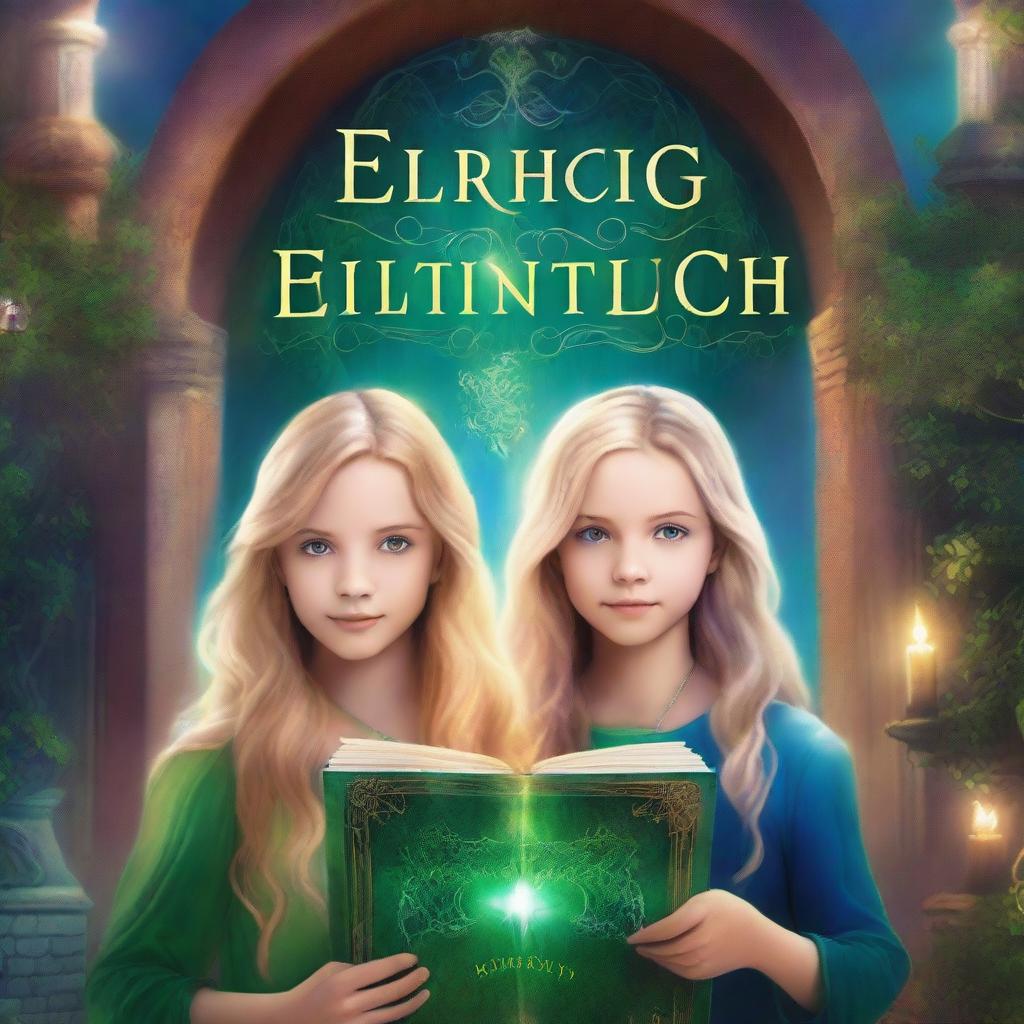 Create a mystical book cover featuring two girls standing in front of the Eldritch Academy Of Enchantment