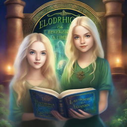 Create a mystical book cover featuring two girls standing in front of the Eldritch Academy Of Enchantment