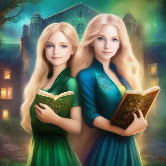 Create a mystical book cover featuring two girls standing in front of the Eldritch Academy Of Enchantment