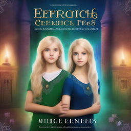 Create a mystical book cover featuring two girls standing in front of the Eldritch Academy Of Enchantment