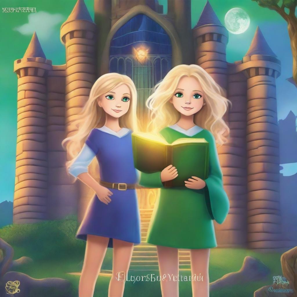 Create a mystical book cover featuring two girls standing in front of a dark castle named Eldritch Academy Of Enchantment