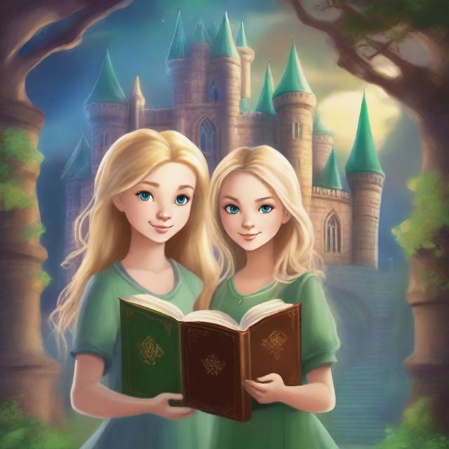 Create a mystical book cover featuring two girls standing in front of a dark castle named Eldritch Academy Of Enchantment
