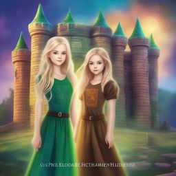 Create a mystical book cover featuring two girls standing in front of a dark castle named Eldritch Academy Of Enchantment