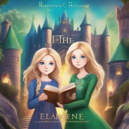 Create a mystical book cover featuring two girls standing in front of a dark castle named Eldritch Academy Of Enchantment