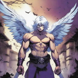 In an isolated village, a young child with white hair, a muscular body, purple and blue eyes, and one angel wing and one devil wing, witnesses his entire village massacred by royal guards