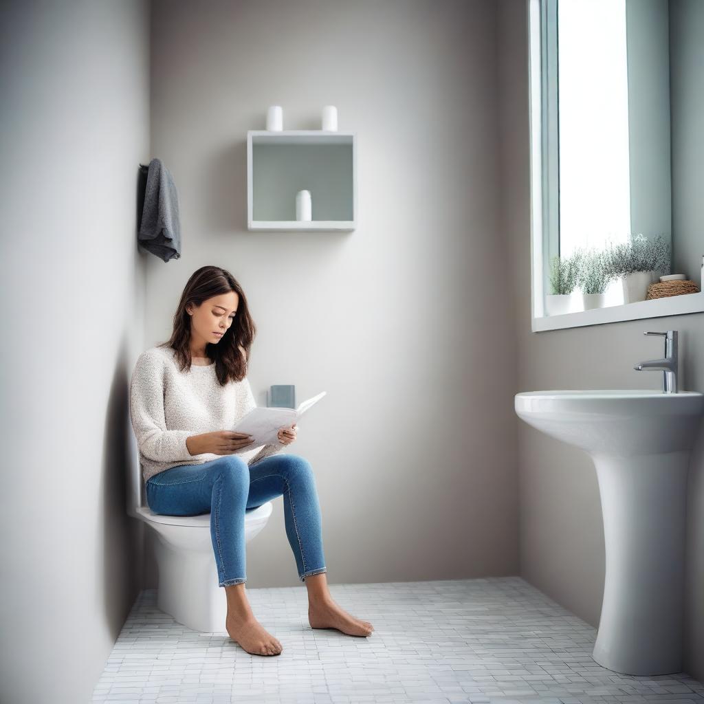 A woman sitting on a toilet in a modern, clean bathroom