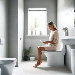 A woman sitting on a toilet in a modern, clean bathroom