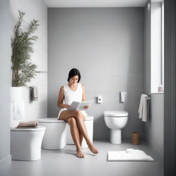 A woman sitting on a toilet in a modern, clean bathroom