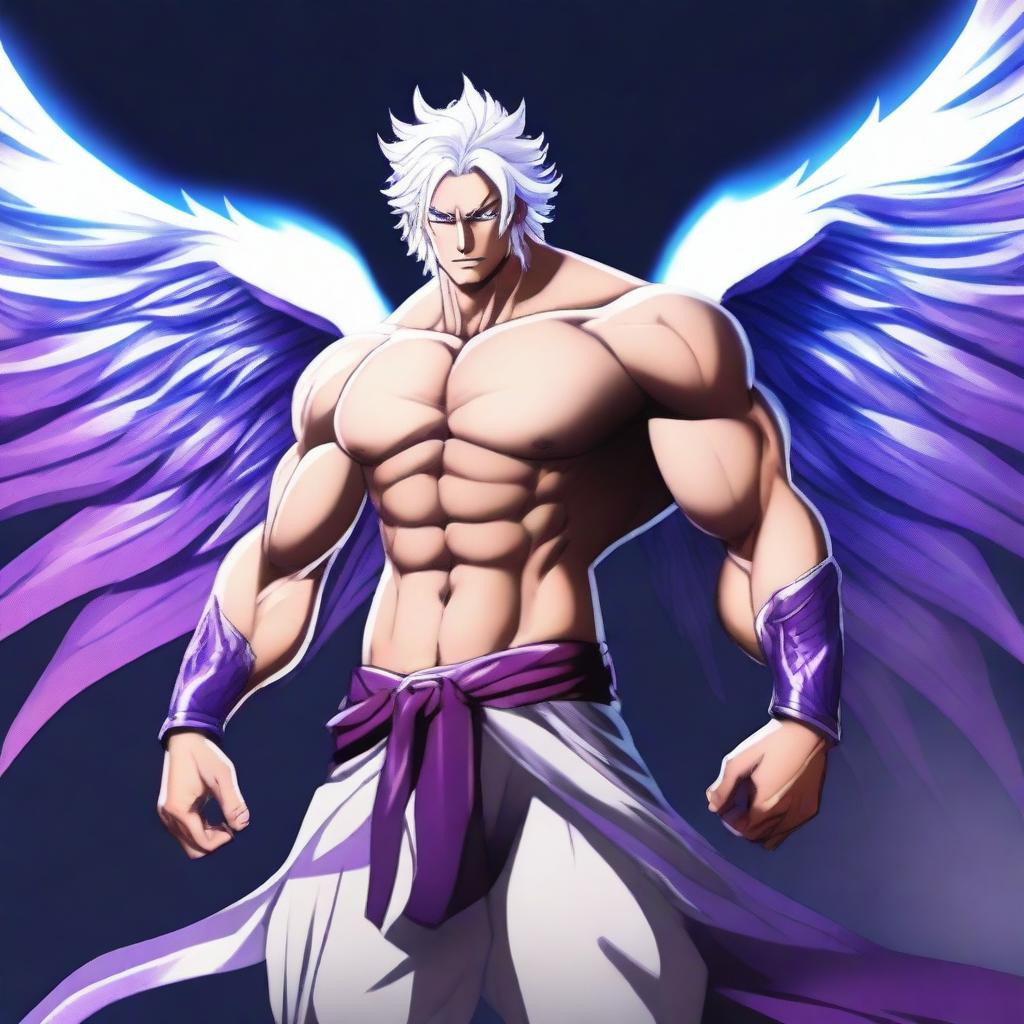 A powerful character with white hair and a muscular body, featuring striking purple and blue eyes