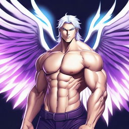 A powerful character with white hair and a muscular body, featuring striking purple and blue eyes