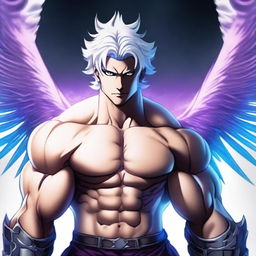 A powerful character with white hair and a muscular body, featuring striking purple and blue eyes