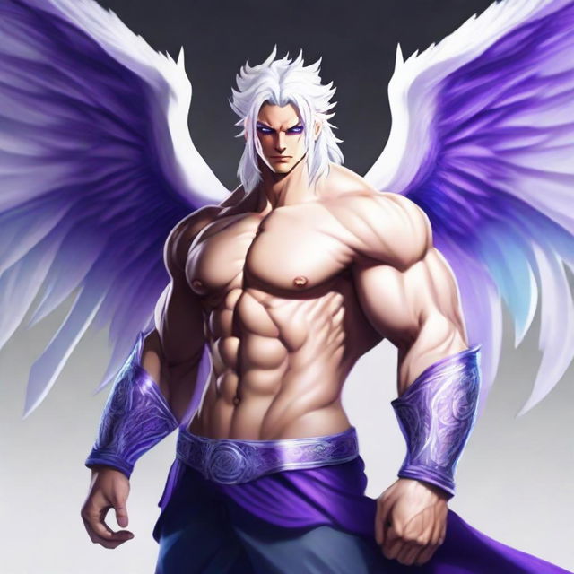 A powerful character with white hair and a muscular body, featuring striking purple and blue eyes