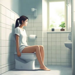 A girl sitting on a toilet in a bathroom