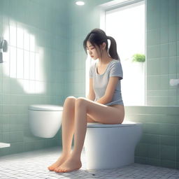 A girl sitting on a toilet in a bathroom