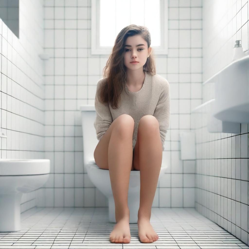 A girl sitting on a toilet in a bathroom