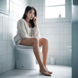 A girl sitting on a toilet in a bathroom