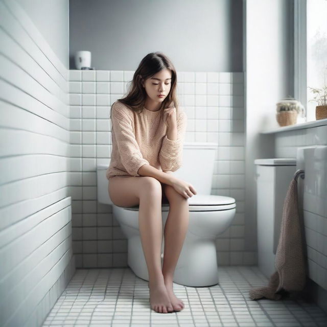 A girl sitting on a toilet in a bathroom