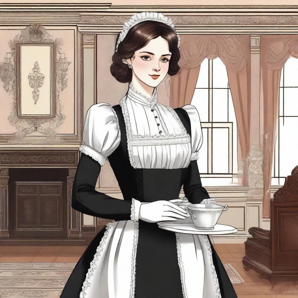 A detailed illustration of a maid in a classic Victorian uniform, complete with a white apron, bonnet, and black dress