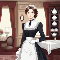 A detailed illustration of a maid in a classic Victorian uniform, complete with a white apron, bonnet, and black dress