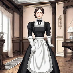 A detailed illustration of a maid in a classic Victorian uniform, complete with a white apron, bonnet, and black dress