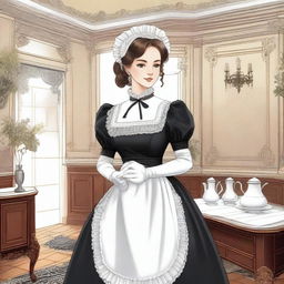 A detailed illustration of a maid in a classic Victorian uniform, complete with a white apron, bonnet, and black dress