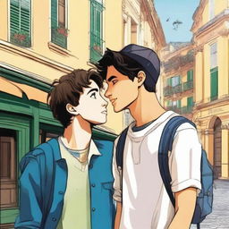 A heartwarming scene from the novel 'Caminhos Entrelaçados' featuring Lucas and Gabriel, two young men on a post-high school graduation trip across Europe