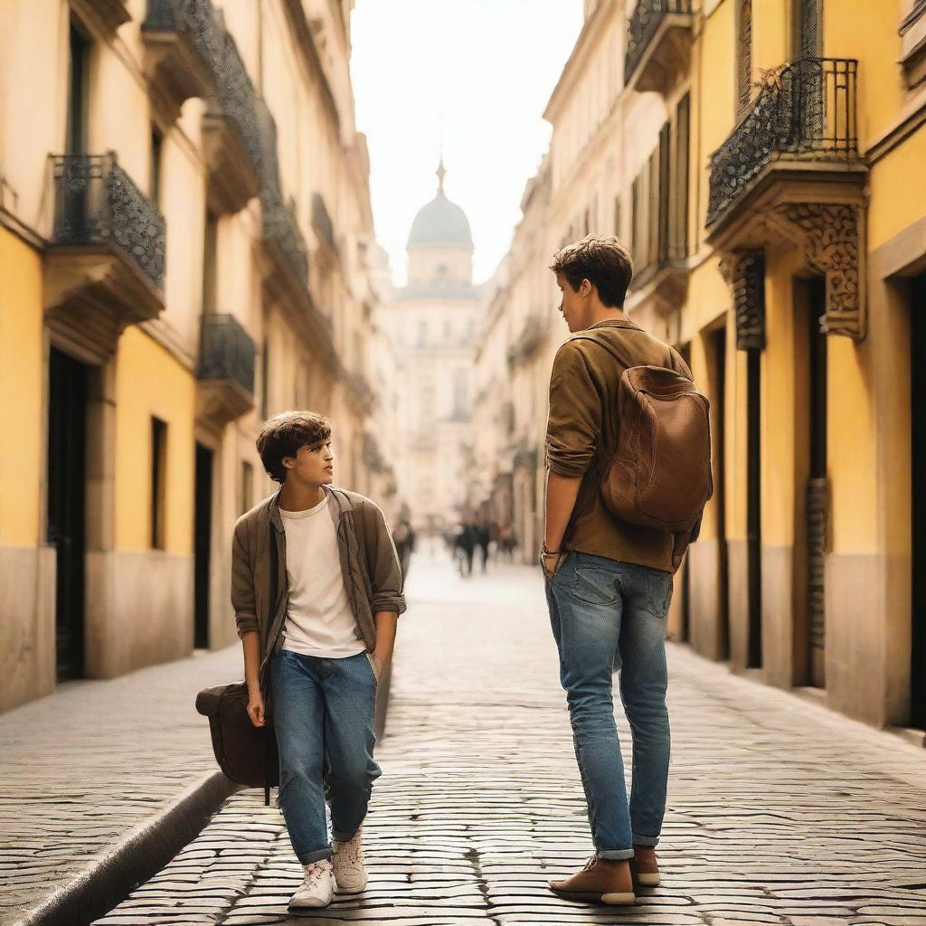 A heartwarming scene from the novel 'Caminhos Entrelaçados' featuring Lucas and Gabriel, two young men on a post-high school graduation trip across Europe