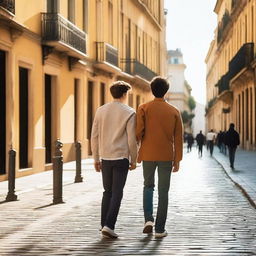 A heartwarming scene from the novel 'Caminhos Entrelaçados' featuring Lucas and Gabriel, two young men on a post-high school graduation trip across Europe