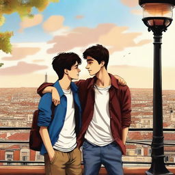 A heartwarming scene from the novel 'Caminhos Entrelaçados' featuring Lucas and Gabriel, two young men on a post-high school graduation trip across Europe