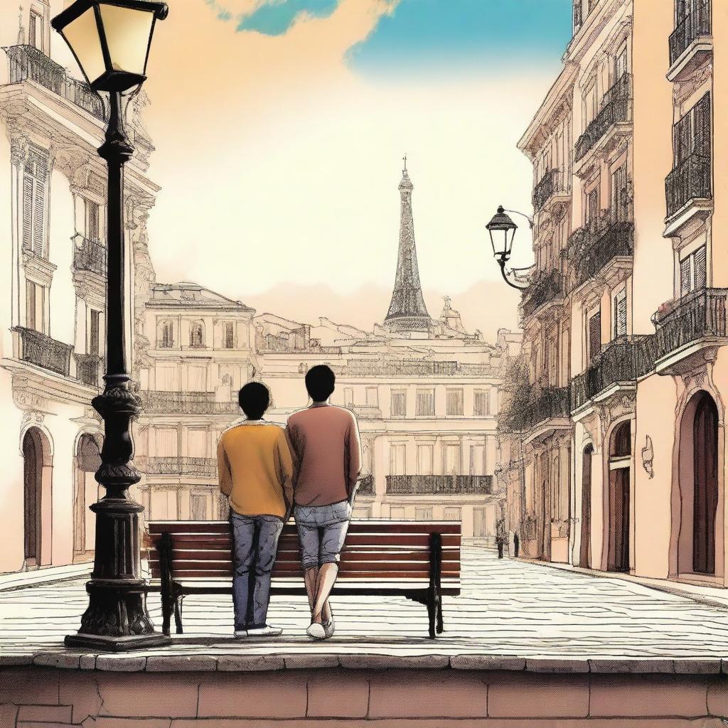 A heartwarming scene from the novel 'Caminhos Entrelaçados' featuring Lucas and Gabriel, two young men on a post-high school graduation trip across Europe