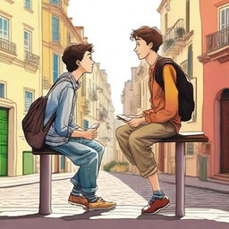 A heartwarming scene from the novel 'Caminhos Entrelaçados' featuring Lucas and Gabriel, two young men on a post-high school graduation trip across Europe