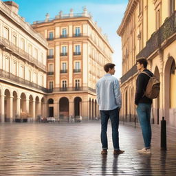 A heartwarming scene from the novel 'Caminhos Entrelaçados' featuring Lucas and Gabriel, two young men on a post-high school graduation trip across Europe