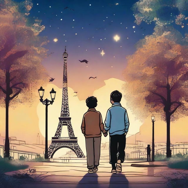 Under a starry sky, Lucas and Gabriel walk side by side, their hands intertwined, reflecting the bond and affection that unites them
