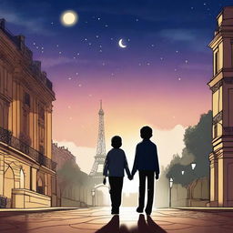 Under a starry sky, Lucas and Gabriel walk side by side, their hands intertwined, reflecting the bond and affection that unites them