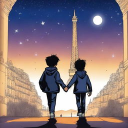 Under a starry sky, Lucas and Gabriel walk side by side, their hands intertwined, reflecting the bond and affection that unites them