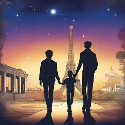 Under a starry sky, Lucas and Gabriel, two teenagers, walk side by side, their hands intertwined, reflecting the bond and affection that unites them