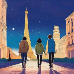 Under a starry sky, Lucas and Gabriel, two teenagers, walk side by side, their hands intertwined, reflecting the bond and affection that unites them