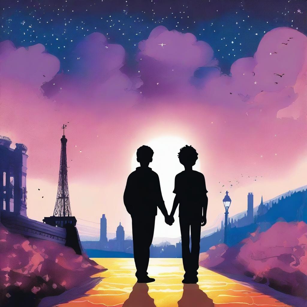 Under a starry sky, Lucas and Gabriel, two teenagers, walk side by side, their hands intertwined, reflecting the bond and affection that unites them