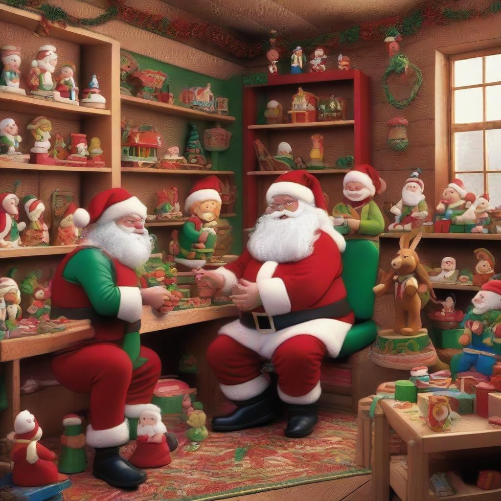 A festive scene inside Santa's Workshop, with Santa Claus and his elves busy making toys